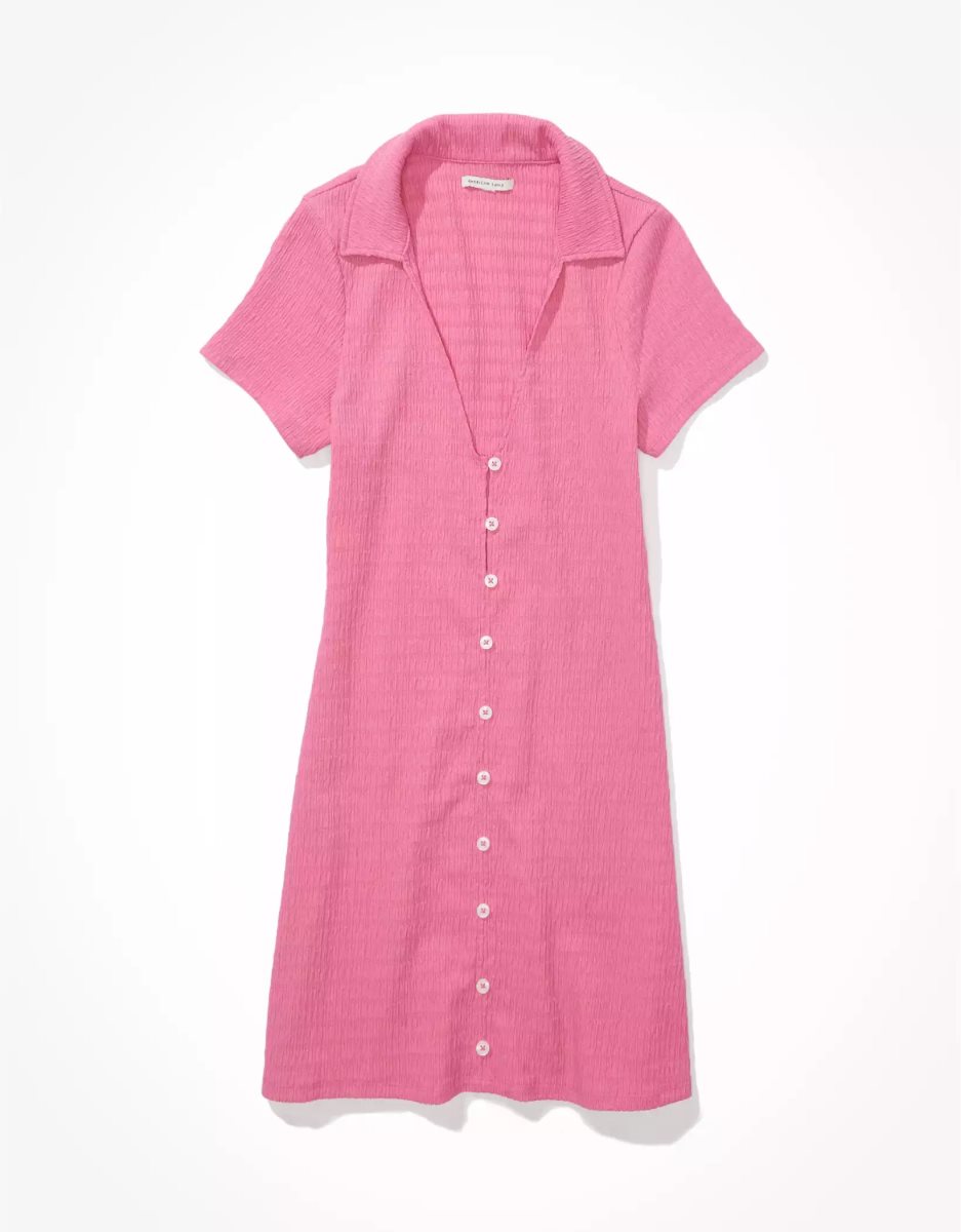 Mini Robe American Eagle AE Smocked Button-Front Polo Rose Femme | UKC-53739059